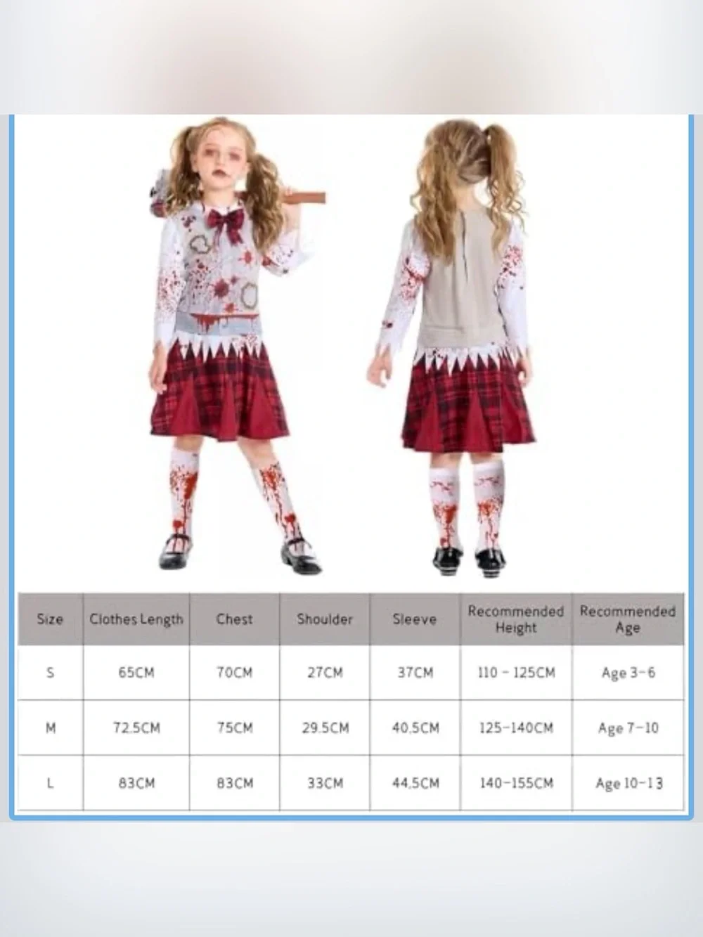 Girls S 7/8 Halloween Zombie Costume Blood Splatter Plaid Dress Knee High Socks